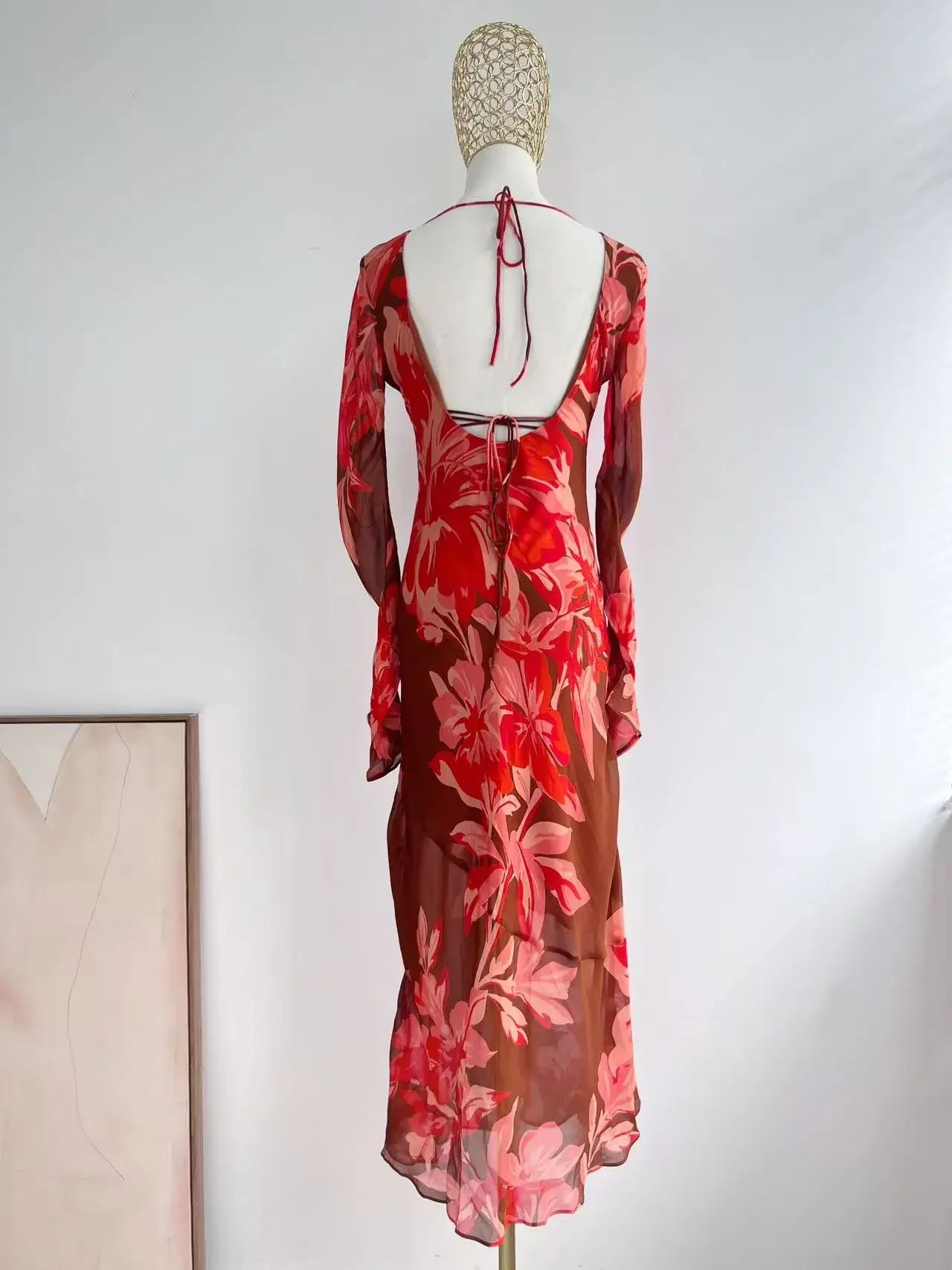 Robe Maxi transparente à imprimé floral pour femmes, dos nu, manches longues, col rond, Sexy, Slim
