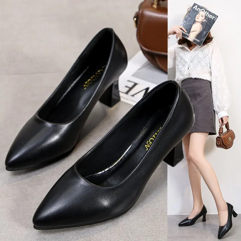 Women's Medium Heel Thick Pointed Shallow Mouth Set Foot Casual High Heels, Wome Spring And Autumn New Women's Single Shoes