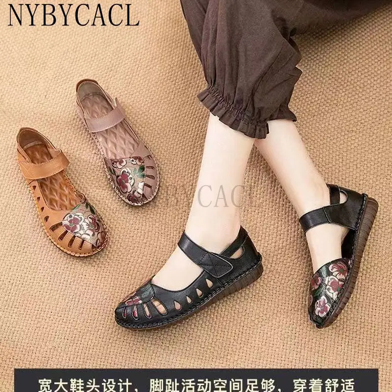 New Women Bohemian Vintage Style Flat Heels Sandals Summer Slingback Round Close Toe Shoes Woman Printed Genuine Leather 2022