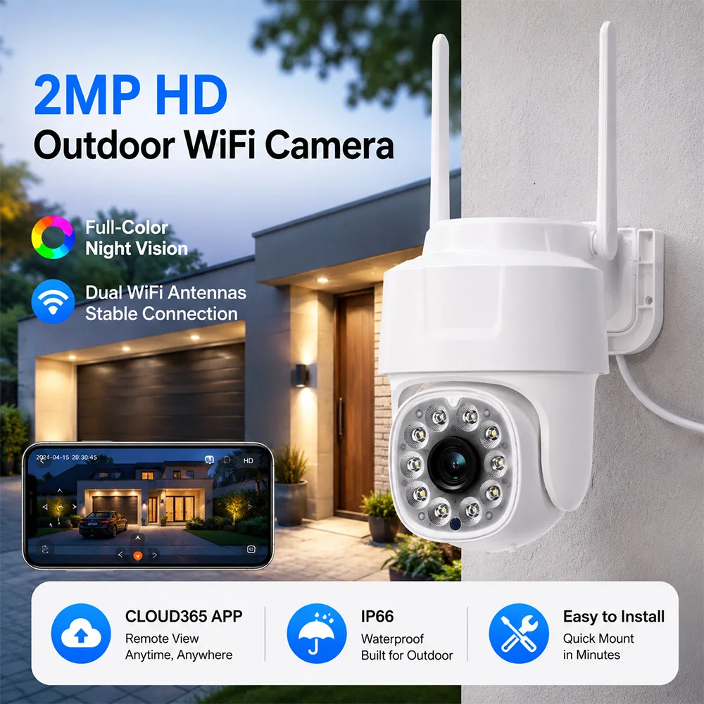 Outdoor WiFi Security Camera 2MP HD CLOUD365 APP IP66 Full Color Night Vision H.265 Dual Antenna DC5V Wireless Home Surveillance