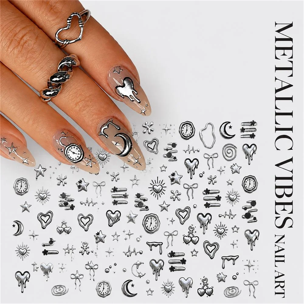 1Pc 5D Self‑Adhesive Punk Silver Nail Sticker Hot‑Stamping Y2K Melting Heart Clock Moon Bow Star Decals Gothic DIY Nail Supplies