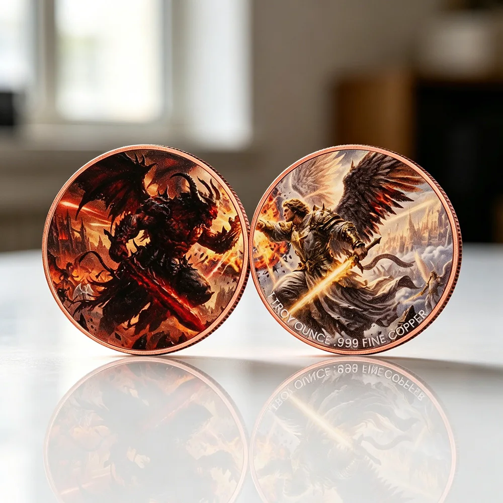 Angel vs Demon Battle 1 oz .999 Fine Copper Coin Dual-Sided Color Print Heaven and Hell Pure Copper Collectible Souvenir Coin