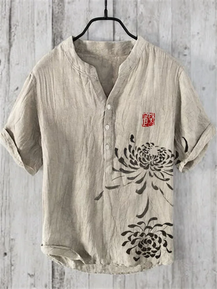 Summer japanese Art Print Vintage Henley Shirts Men\'s Casual Button-Down Short Sleeve v- neck T Shirt Man Tees Tops Clothing