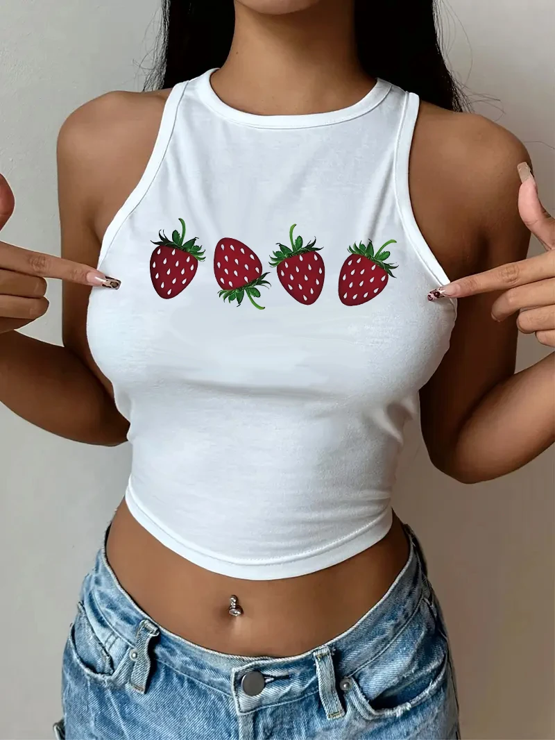 Sweet Strawberry Girls Print 90s Cropped Women'S Sleeveless Tank Top Stylish Vest Crop Top Tee Casual Shirt Y2k Fashion 90s