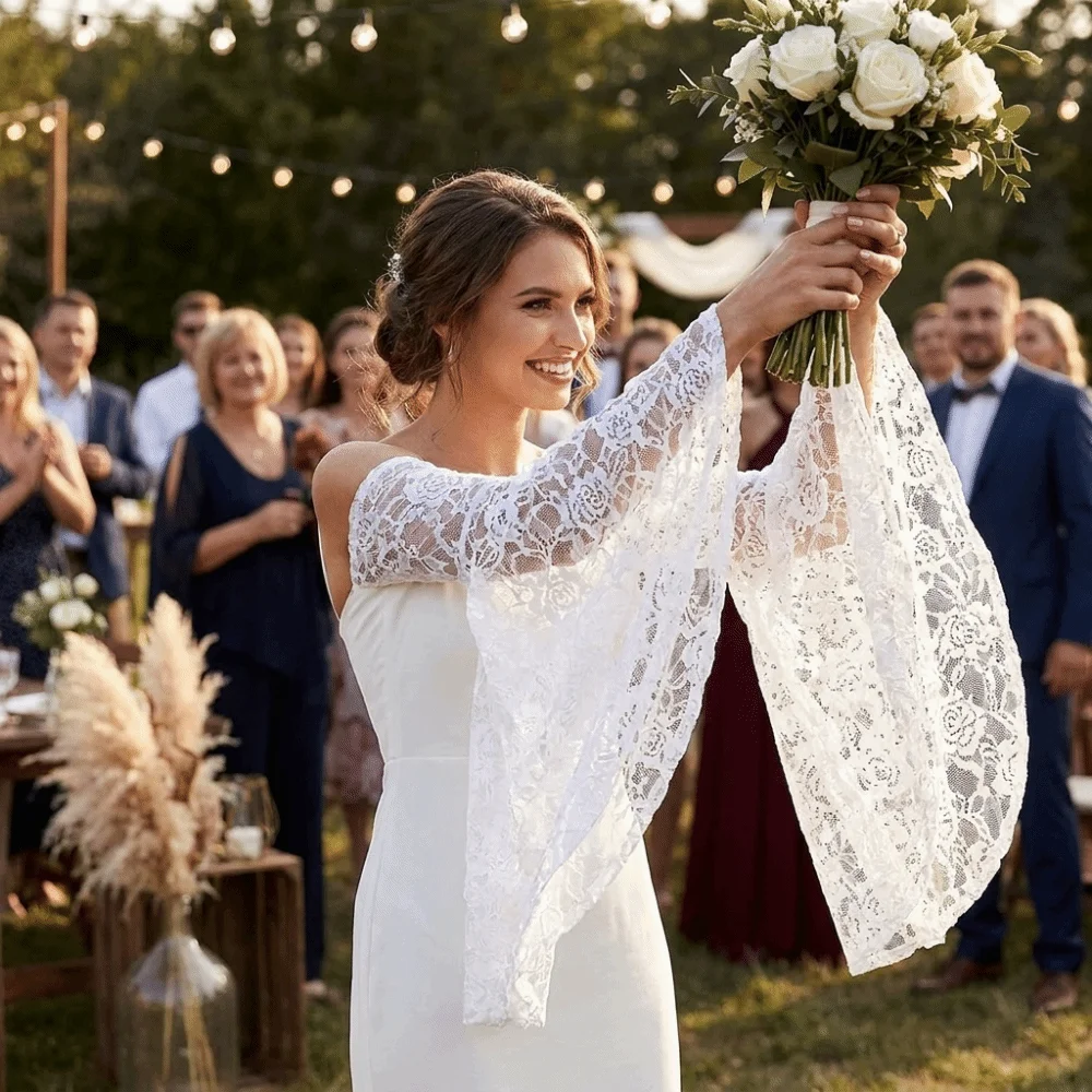 

Elegant Long Tulle Sleeves Flower Embroidery Breathable Thin Sheer Bridal Gloves Comfortable Sunscreen Bride Detachable Sleeves