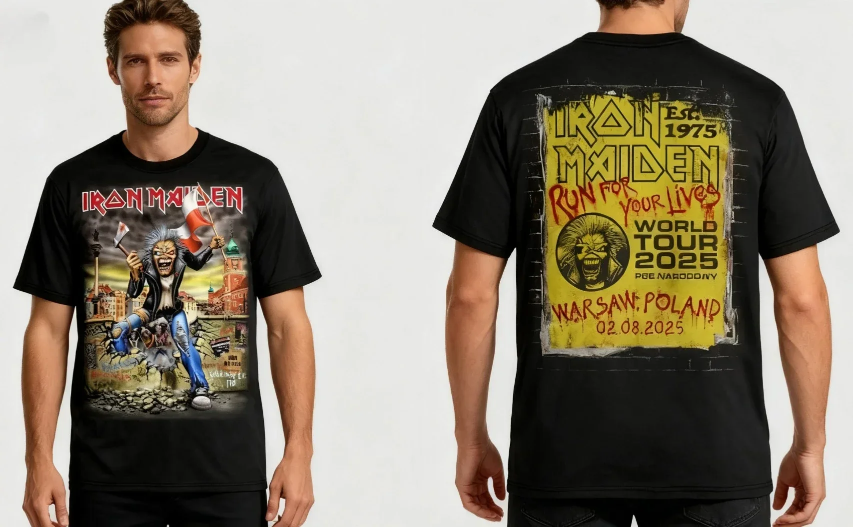

Custom Iron Maiden 'Run for Your Life' 2025 World Tour T - Shirts - Unisex Short Sleeve for Poland, Warsaw, Paris, Madrid Events