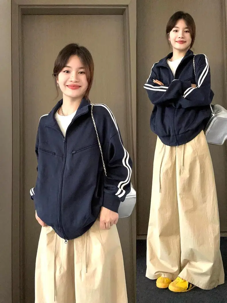 

Американский ретро-толстовка на молнии с воротником-стойкой, женский свободный открытый кардиган, повседневный спортивный полосатый бейсбольный топ для пар, весенний A...