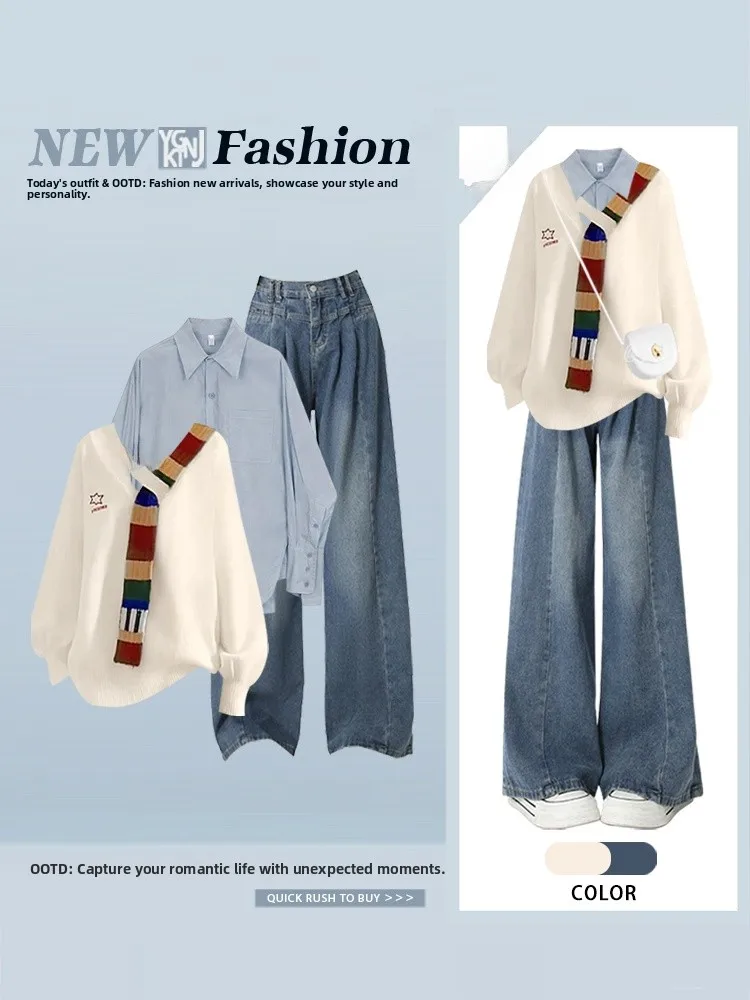 

Свободный длинный свитер Све с Sa и прямыми джинсами Женский осенний комплект для колледжа Sle Faion Повседневная футболка V Ne...