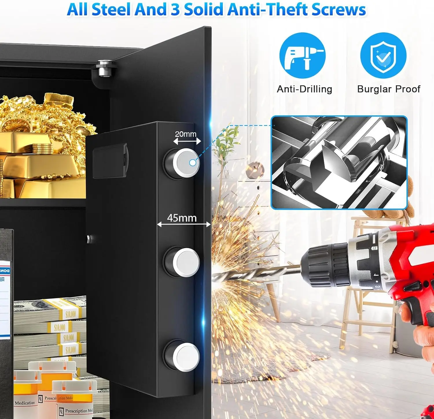 19.7" Fireproof Waterproof Home Safe with Digital Lock, Alarm System & Removable Shelf for Jewelry Documents