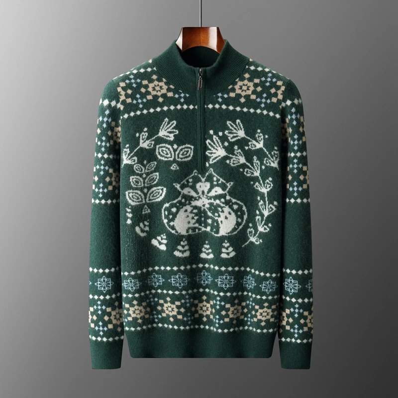 

Winter Thick Men's Retro Jacquard Knitted Half Zipper Pullover 100% Cashmere Knitted Sweater Long Sleeve Warm Men's Clothing Top