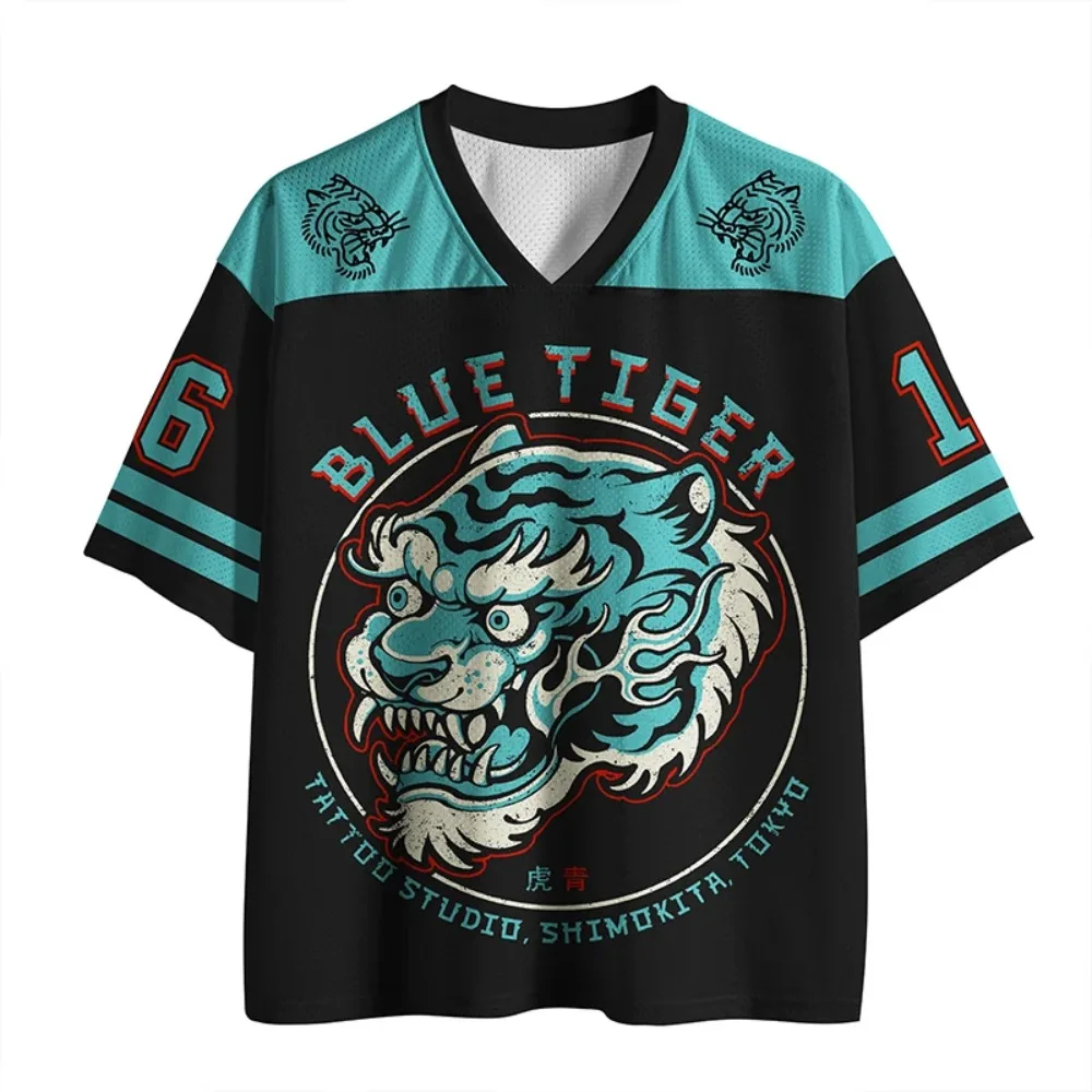 Japanischer Blauer Tiger-Print 3D-Druck Schnelltrocknendes Sport-T-Shirt für Männer und Frauen mit V-Ausschnitt, Modisches Streetwear Y2K Eltern-Kind-Kleidung – Detail 2