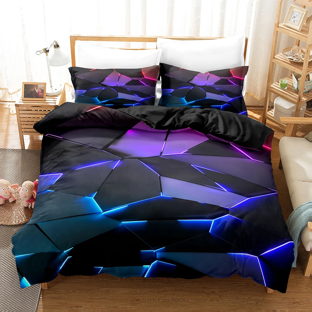 Colorful Glowing Polygonal Grid Pattern Bedding Set  Duvet Cover Set with Pillowcases King Queen Twin Double Size Comforter set