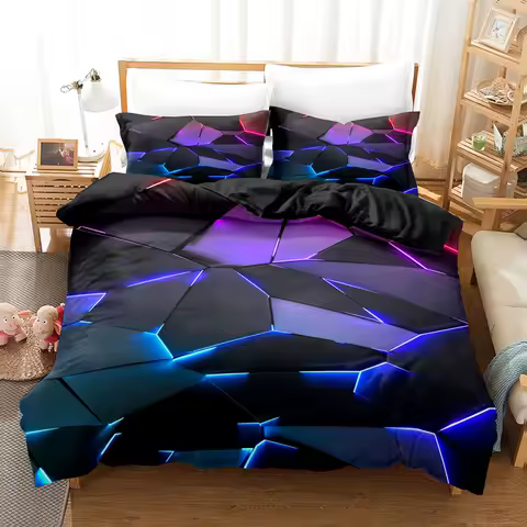 Colorful Glowing Polygonal Grid Pattern Bedding Set Duvet Cover Set with Pillowcases King Queen Twin Double Size Comforter set