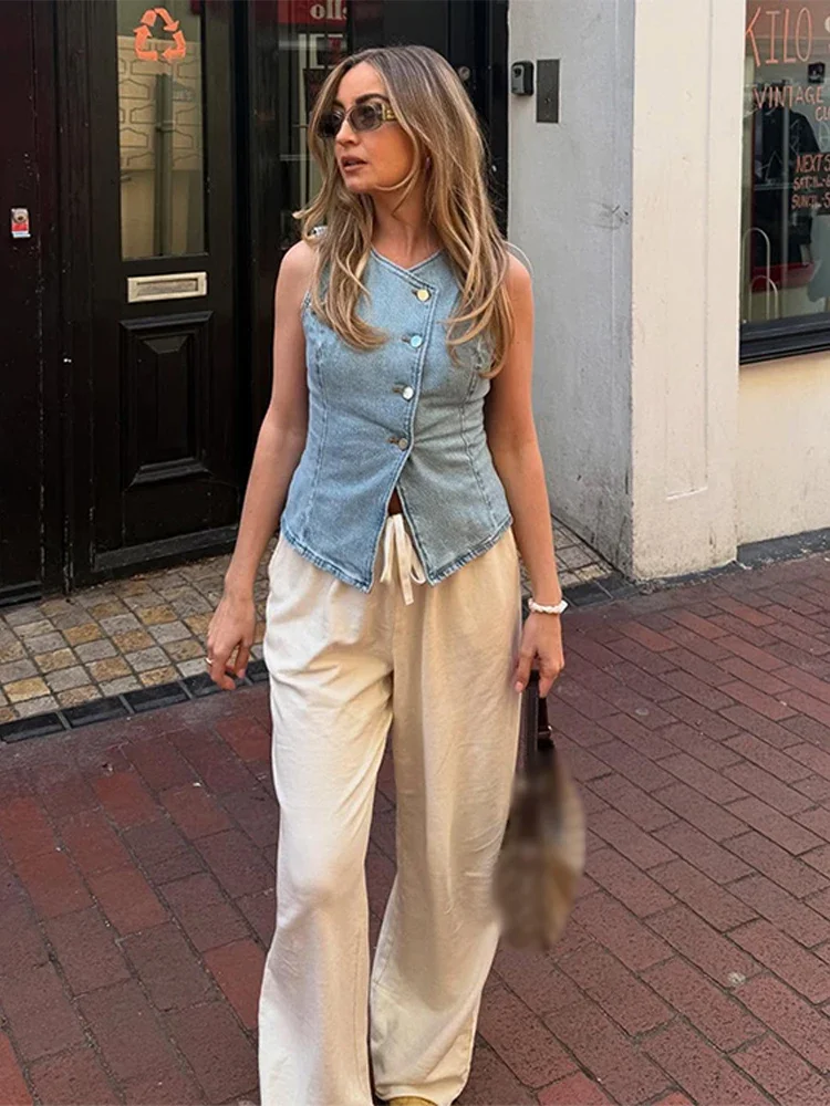 CPSYMYM Elegant Denim Vest Skirts Set Women Light Blue Single Breasted Vest Front Split Skirt Female Suit  Summer Slim Lady Sets