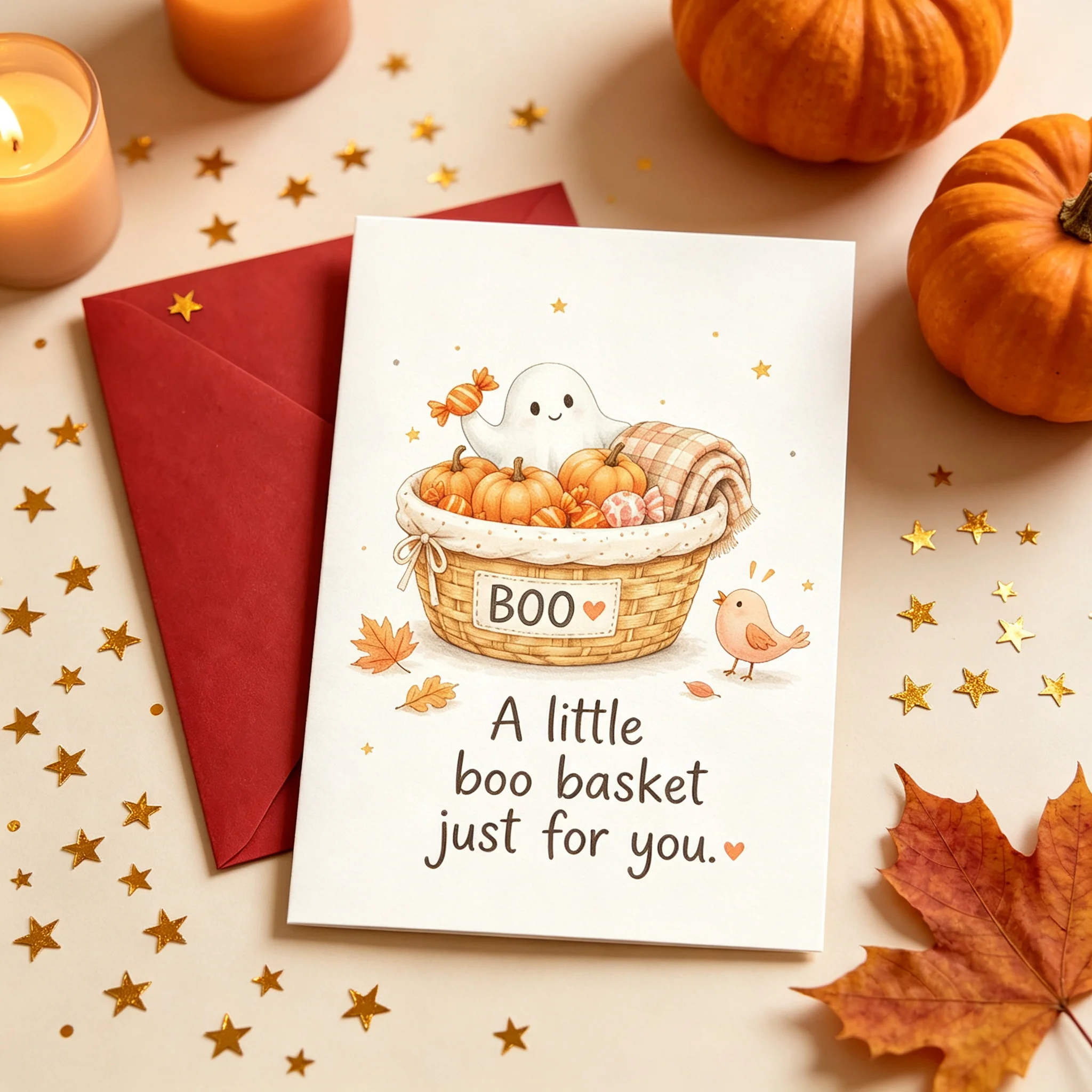 Cute Halloween Ghost Greeting Card A Little Boo Basket Just for You Fall Autumn Pumpkin Holiday Card Sweet Paper Card for Friend