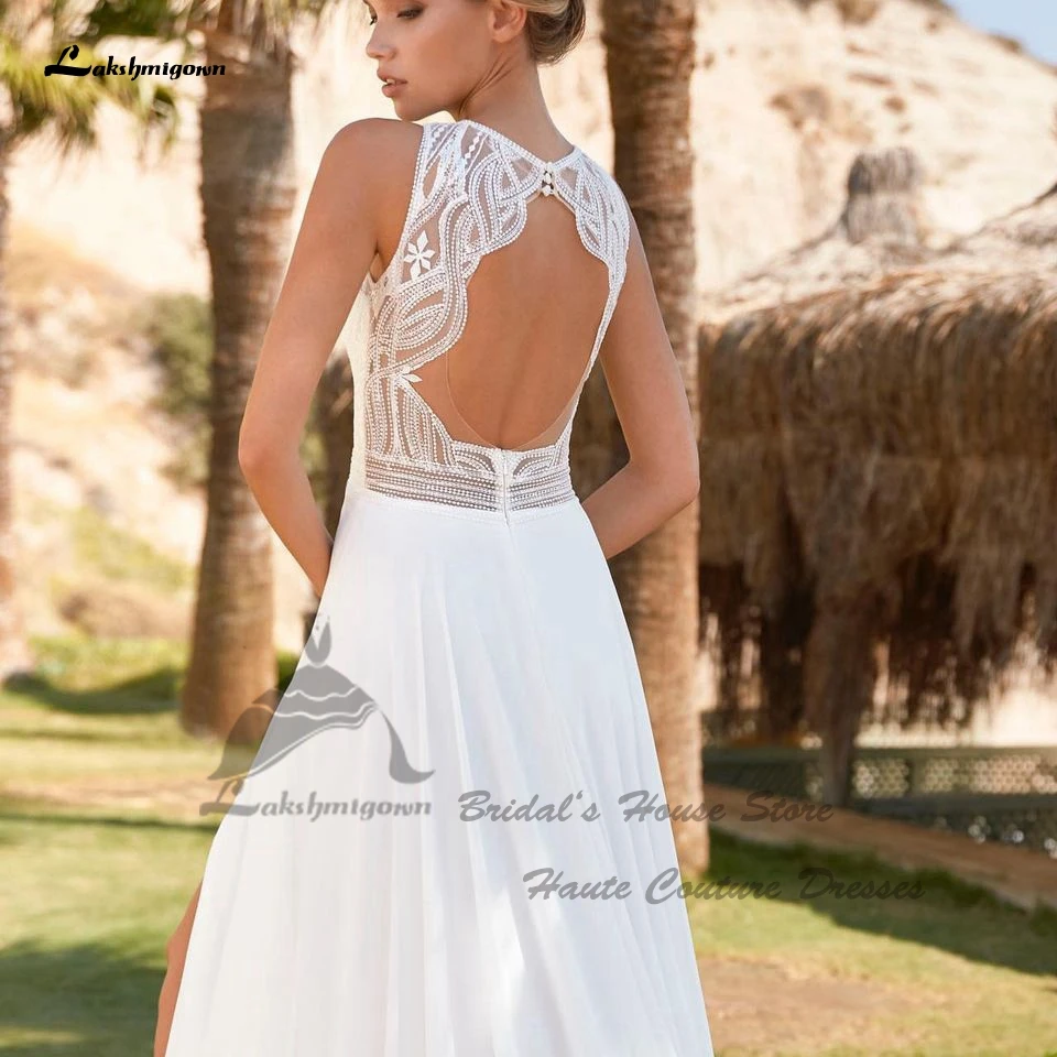 Lakshmigown Vintage rückenfreie Strandhochzeitskleider mit seitlichem Schlitz 2024, Vestidos Civil Boho Brautkleider nach Maß