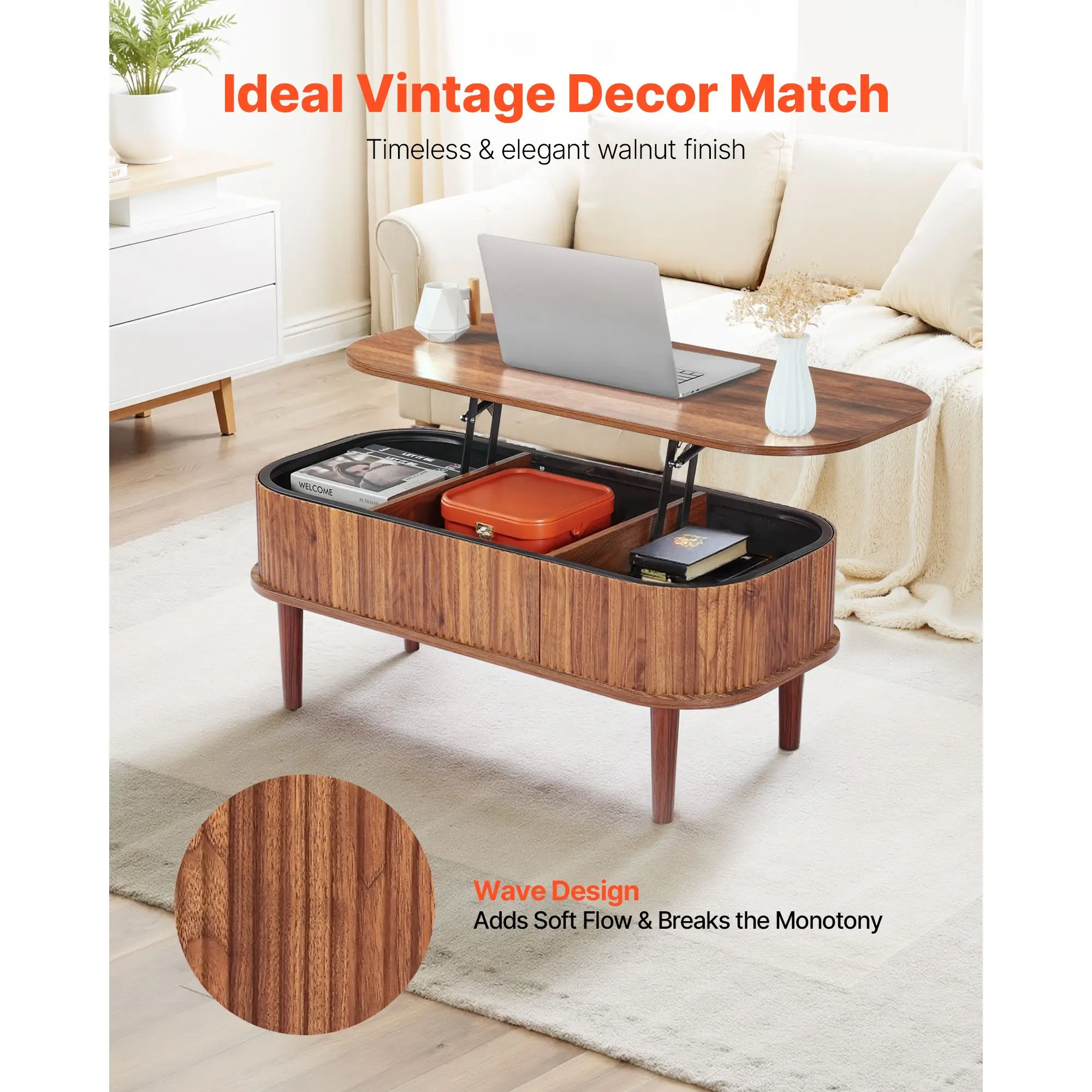 39.4 in Lift Top Coffee Table, Fluted Oval Coffee Table with 3 Hidden Compartment, Mid Century Wooden Oval Center Desk with Stor