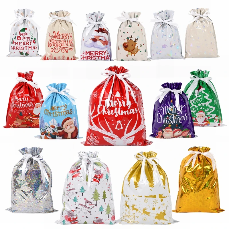 3/5pcs Merry Christmas Drawstring Gift Bags Gold Silver Red  Santa Claus Cookies Candy Packaging Bag New Year Christmas Supplies