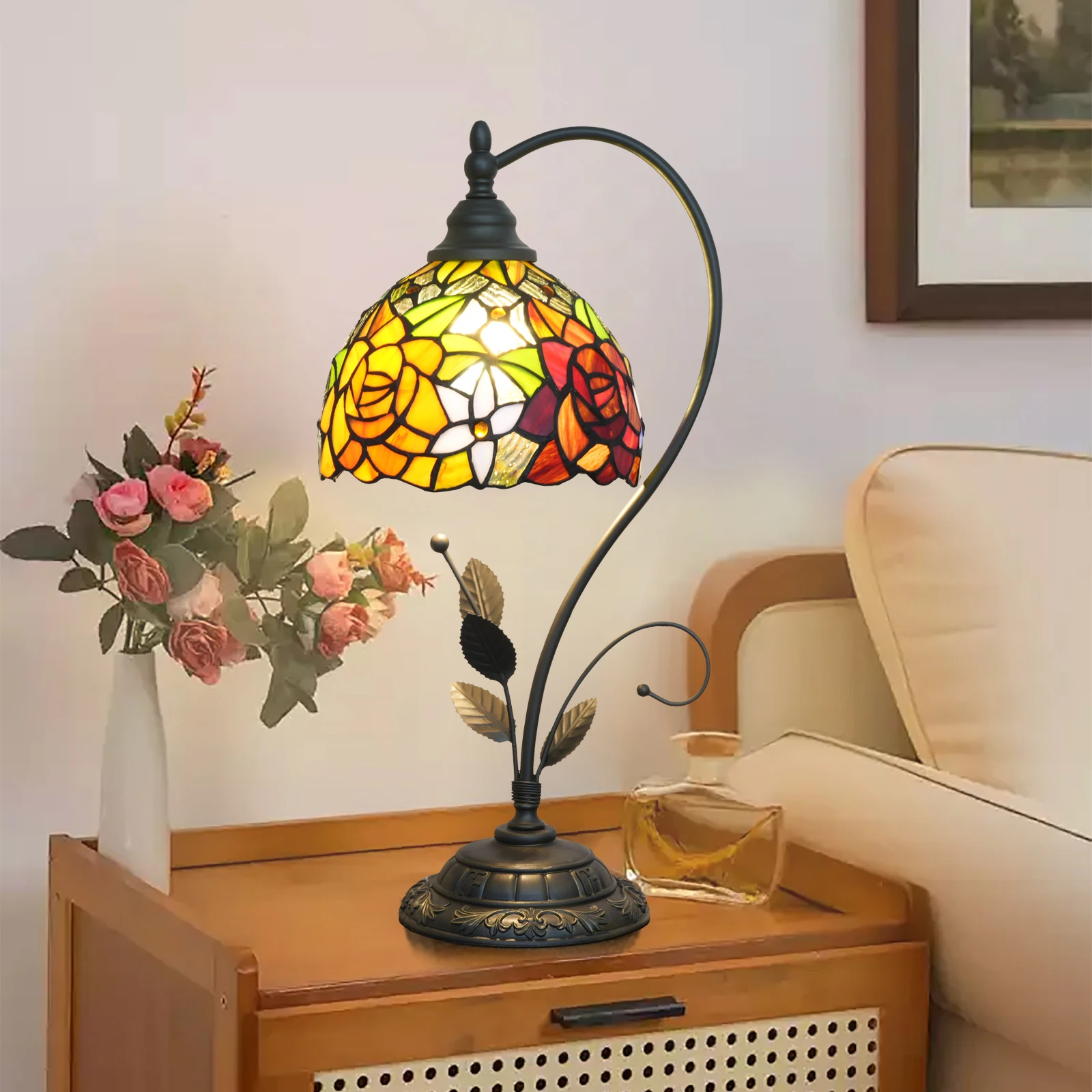 Moderne Tischlampe Rosen-Sonnenblumen-Design Buntglas-Lampe mit Blättern Vintage Schreibtischleuchte für Nachttisch Wohnzimmer Büro Esszimmer