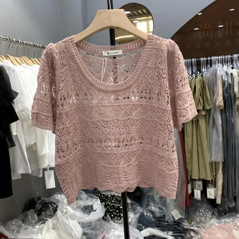 Summer Fashion Korean Version Hollow Out Knit Shirt Women Sexy Chic O-neck Short Sleeve T-shirt Short Casual Loose Top Tees