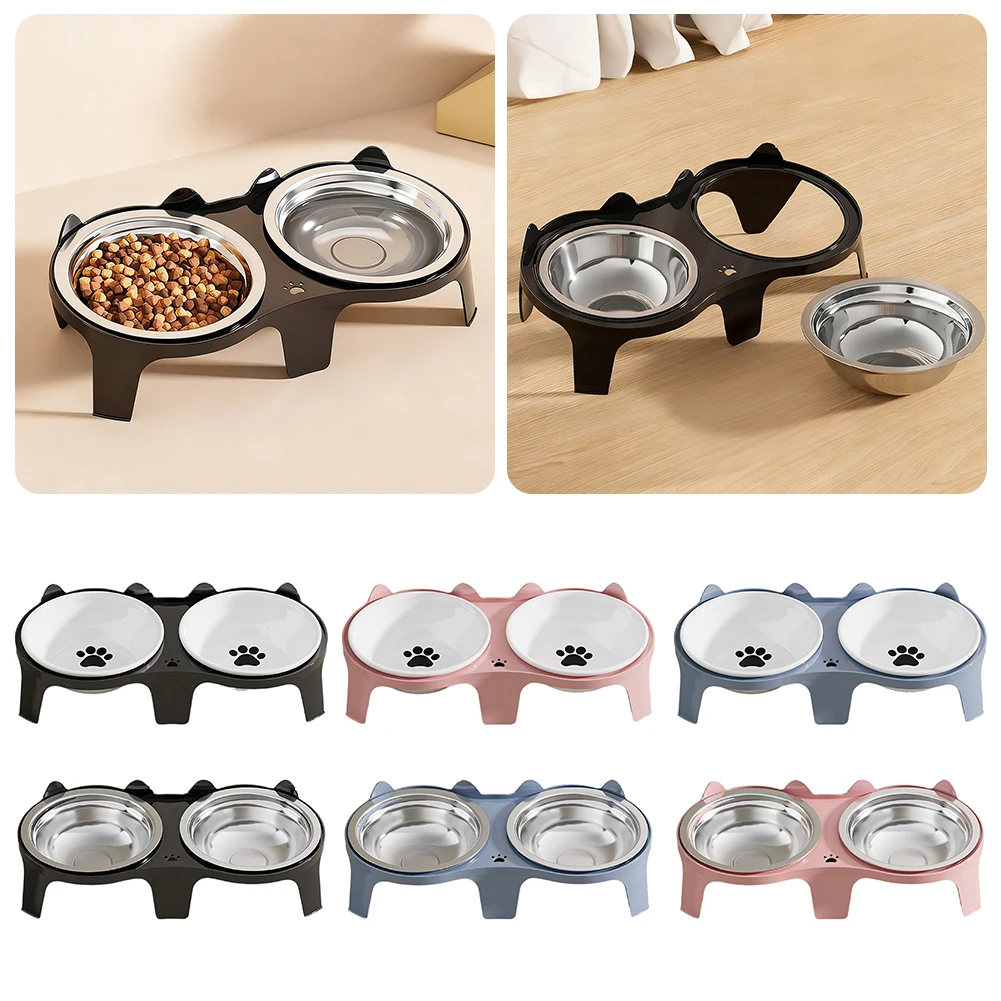 Edelstahl-Erhöhungsnapf-Set, doppelter Katzennapfständer, schmutzfrei, auslaufsicher, Fütterung mehrerer Haustiere, doppelte Futter- und Wasserstation