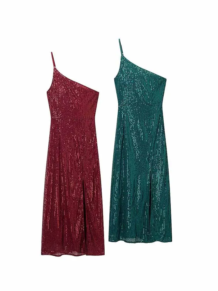 

HH Woman Summer Fashion Sleeveless Sequin Decoration Sloping Shoulders One Shoulder Sling Dress Female Elegant Sexy Long Dress
