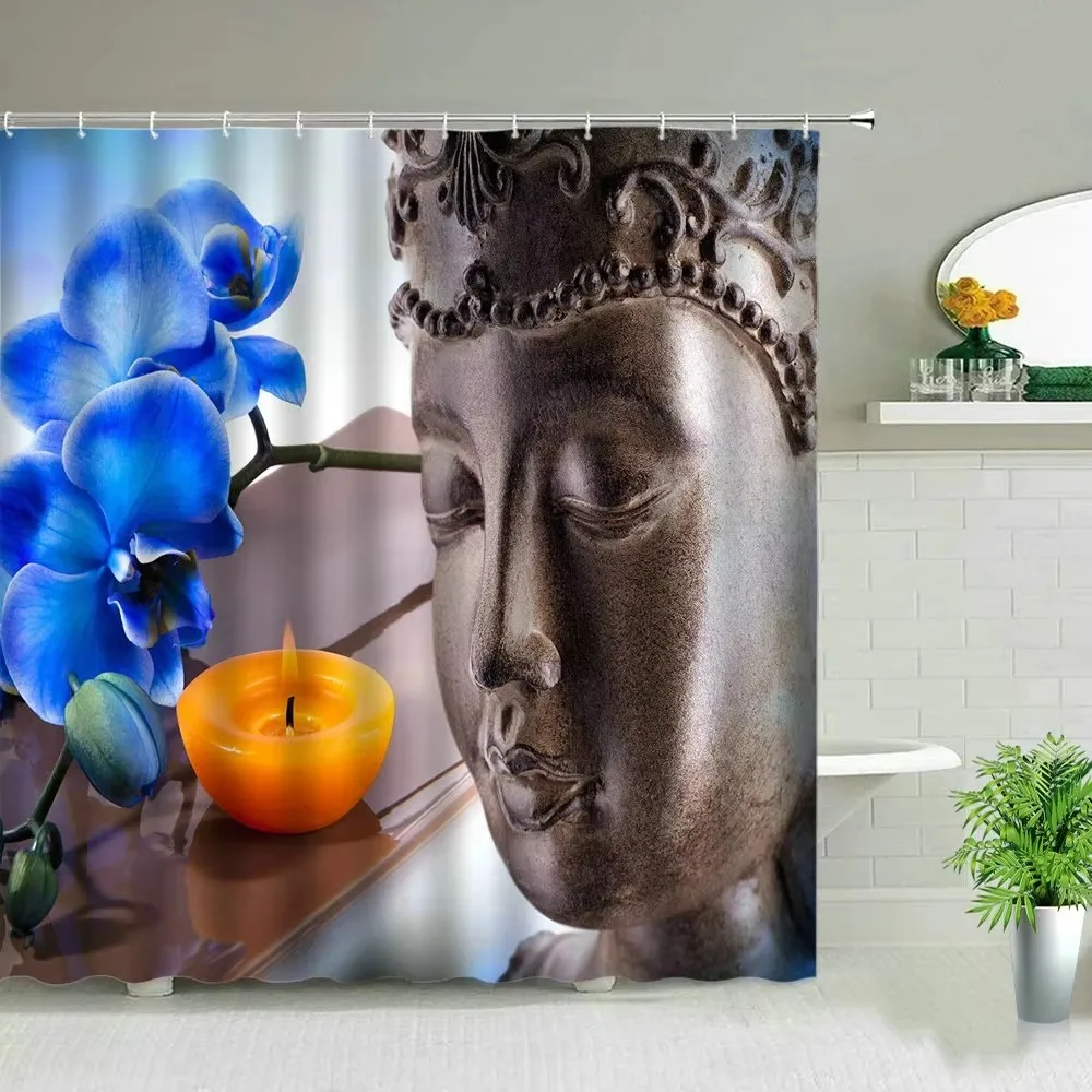Zen Spa Buddha Stacked Stone Sand Ripple Orchid Shower Curtain Meditation Relax Natural Scenery Print Waterproof Fabric Bathroom