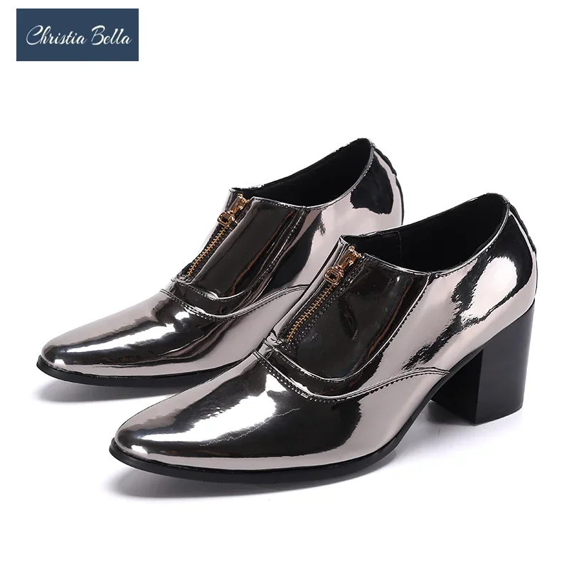 Fashion Silver Patent Leather Men Oxford Shoes Nightclub Pointed Toe High Heel Man Shoes Party Celebration Dress Shoes Plus Size