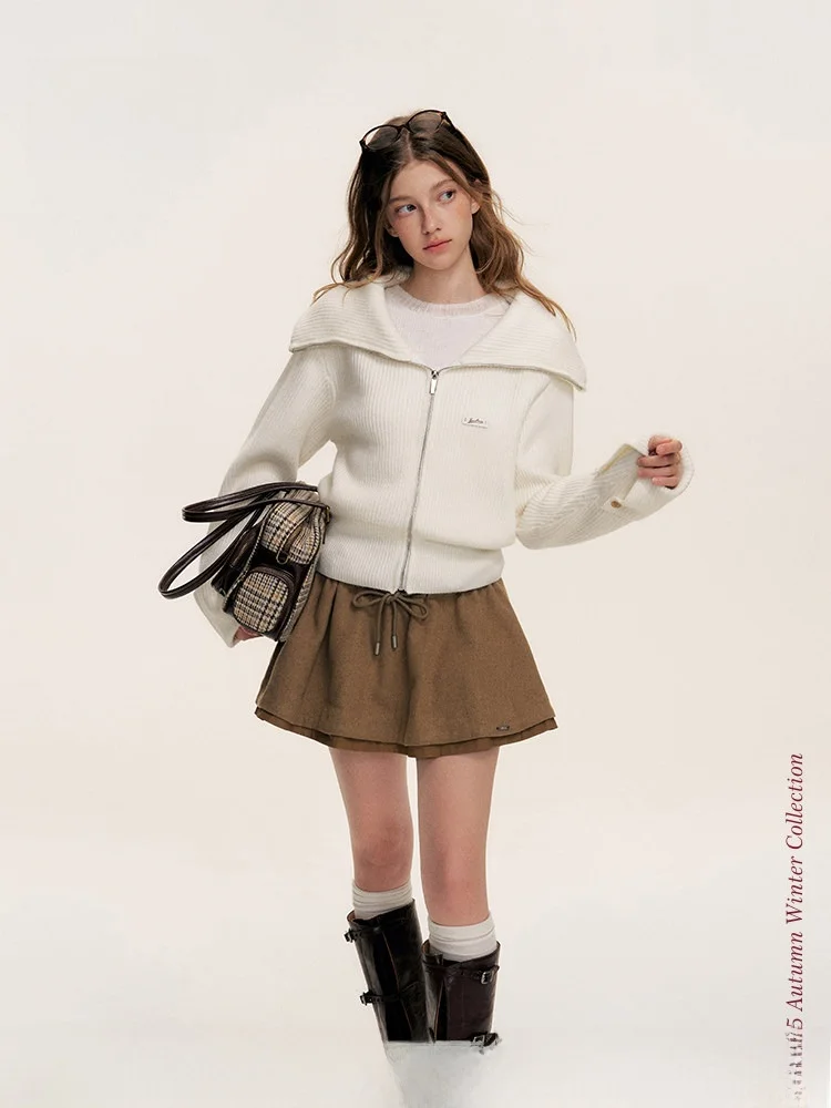 

Loose Fit Knitted Cardigan Sweater with Zipper Design And Embroidered Letters Casual Sle Double Knit Long Sve Ciwalk S...