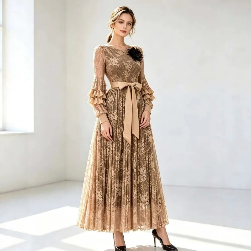 Pleated Dresses for Women Plisse 2026 New Lace Long Dress Round Neck Multi-layered Bell Sleeves 3D Floral Pleats Women Clothing