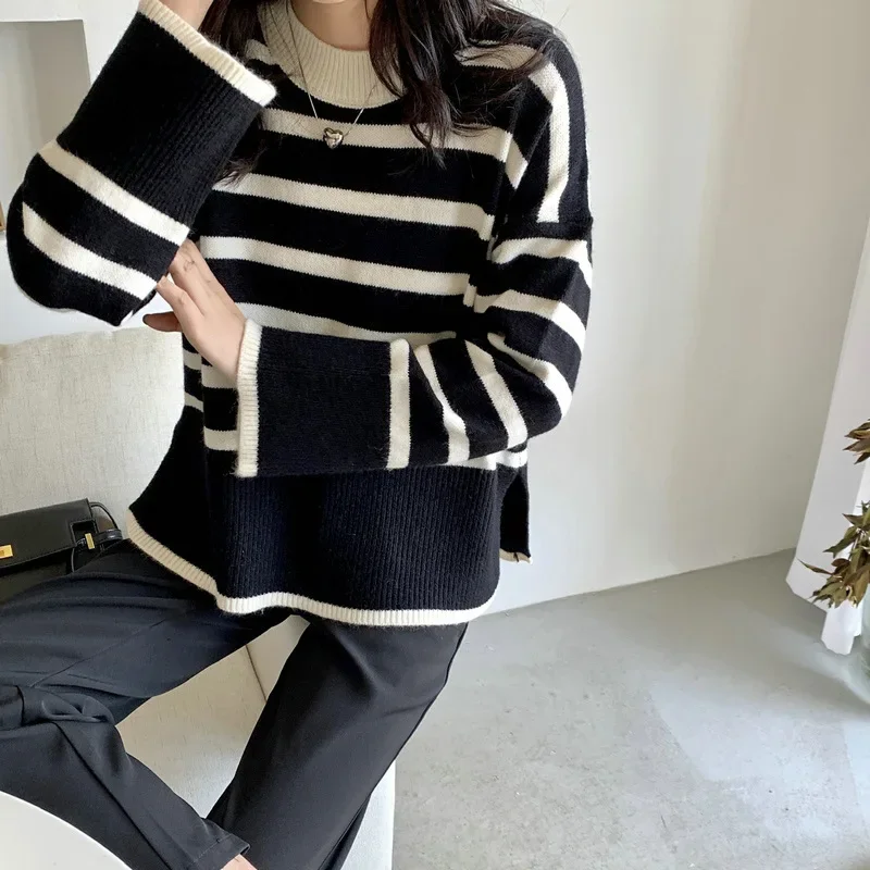 2024 Autumn Winter New Striped Knitted Sweater Women's Lazy Style Loose Side Split Sweater Coat Women