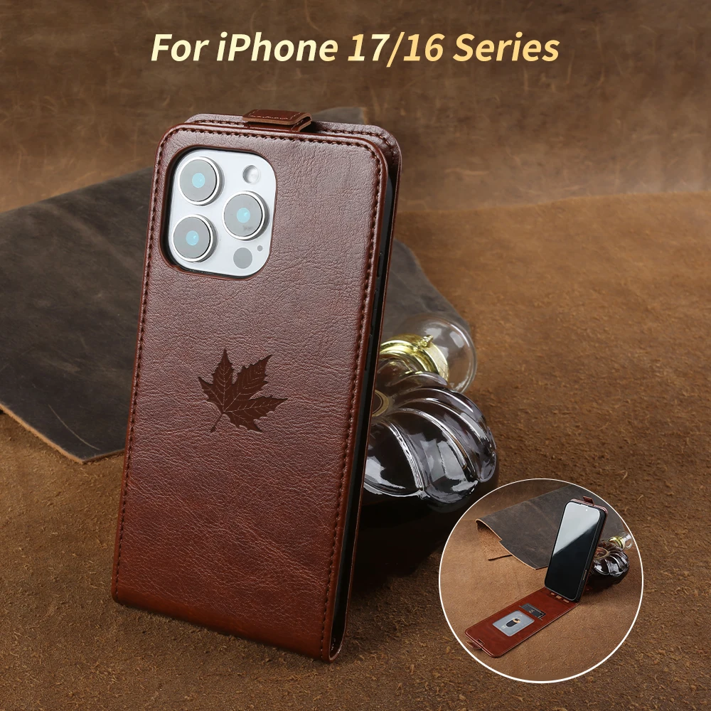 

Fashion Maple Leaf Pattern Leather Phone Case for iPhone 17 16 Pro 15 14 Plus 13 12 Pro Max 11 Mini Card Slot Front &Back Cover