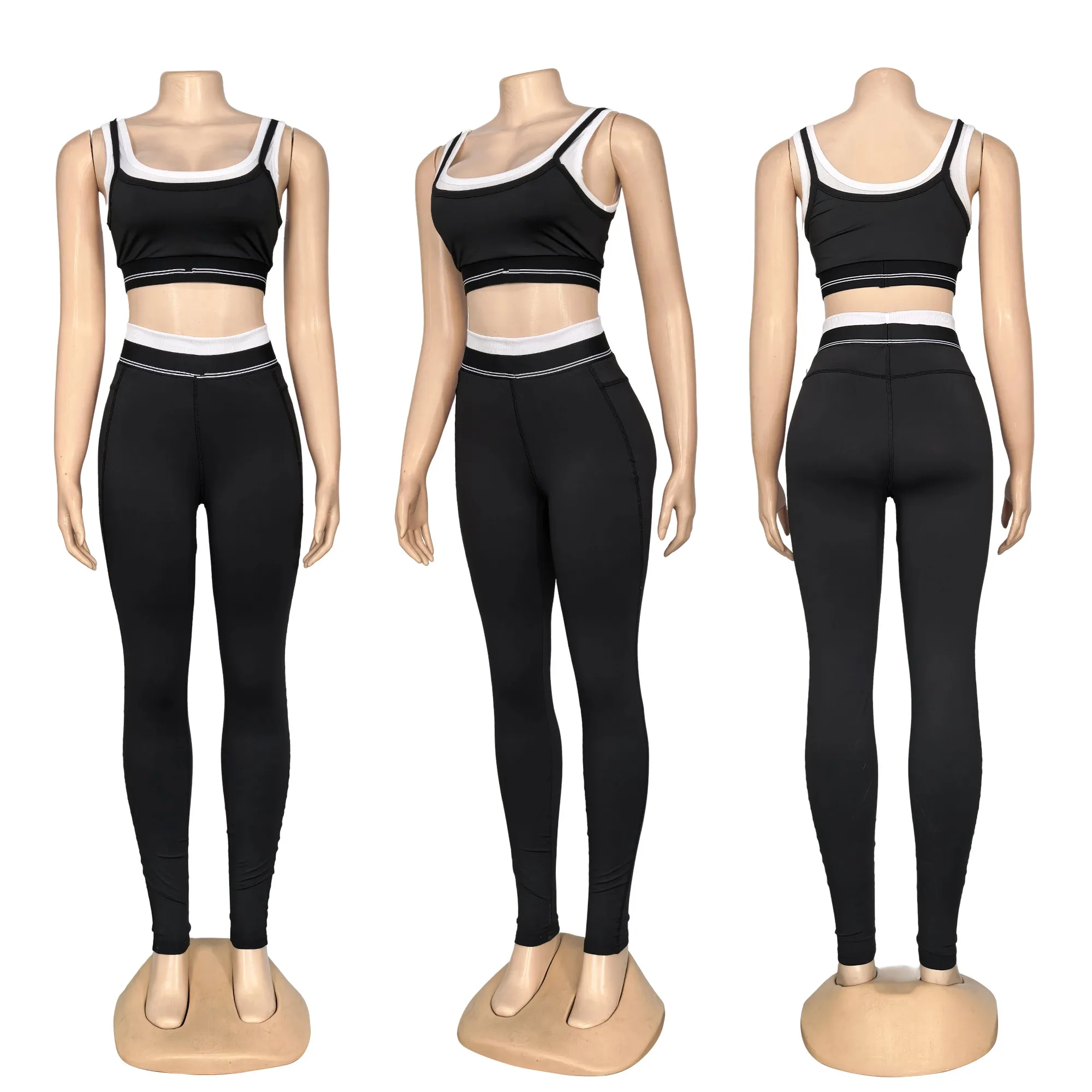 Q6368 Double-layer spliced halter top High-waisted hip lift and tummy control yoga wear Quick-drying fitted workout set
