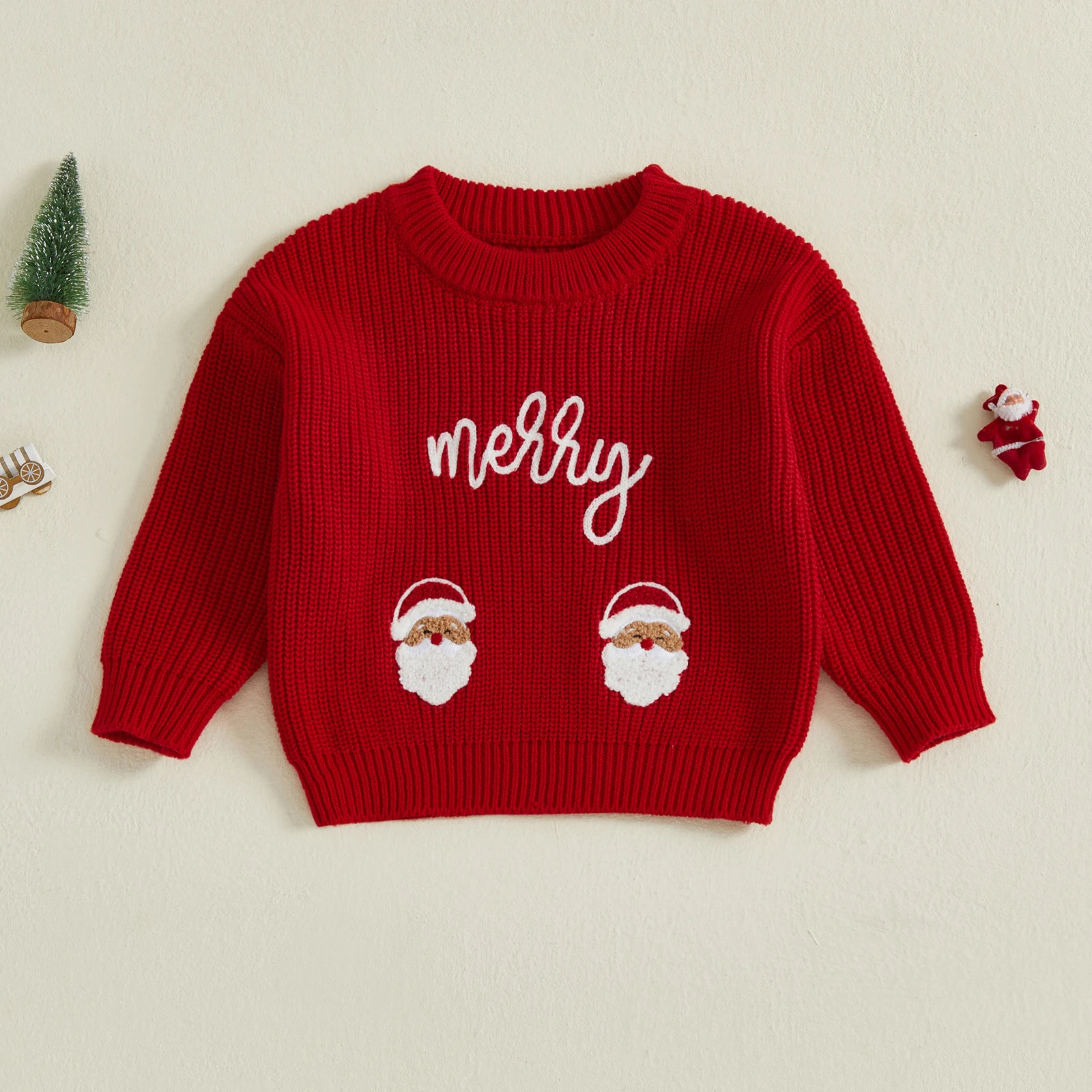 سترات عيد الميلاد للأطفال الصغار بأكمام طويلة ورقبة دائرية ومطرزة بحروف شجرة، بلوفر علوي للأطفال الصغار