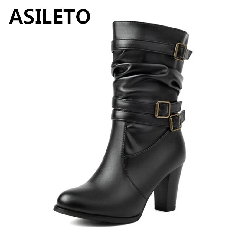 

ASILETO Women Midcalf Boots Suede Pointed Toe Strap Buckles Brand 8cm Black PU Mortorcycle Big Size 46 47 48 US15 US16 US17