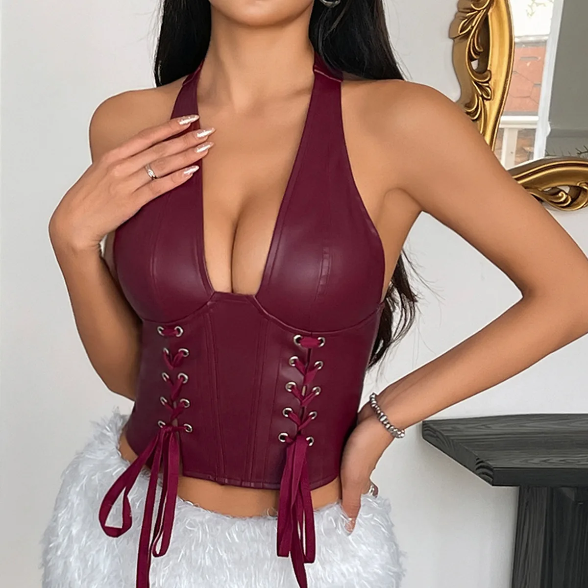DSMTRC Sexy Y2k Vintage PU Leather Halter Crop Tops for Women Summer New Midnight Bandage Lace Up Tanks Skinny Camis V-neck Tees