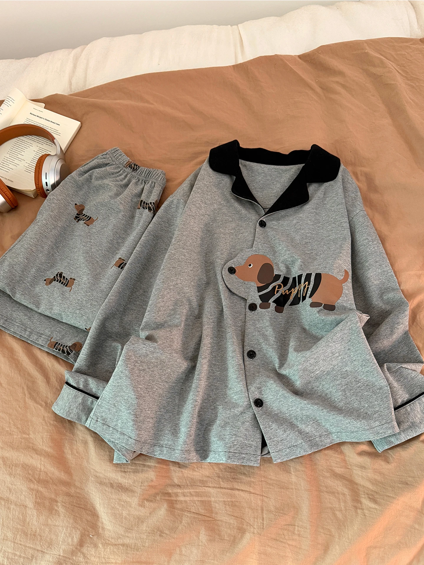 

Men's Pure Cotton Long Sleeve Sleepwear Autumn Spring Large Size Home Clothes Black Stripe Dog Set Suitable for Outdoor Wear