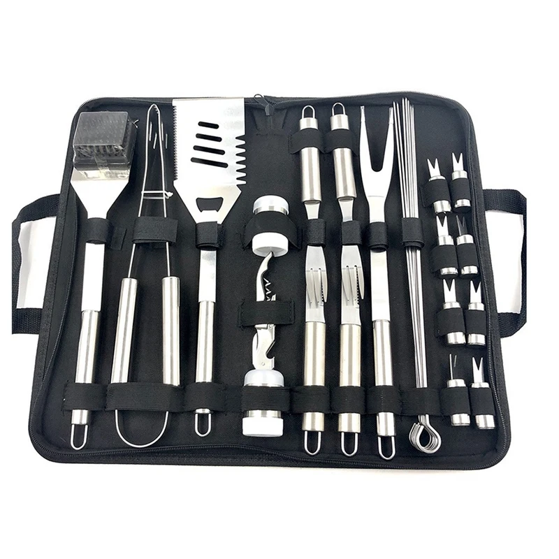 29PCS Stainless Steel Grill Tool Set, Grilling Accessories Aluminum Case For Outdoor, Camping Silver