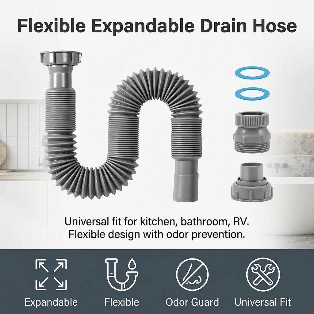 Polymer Drain Hose for Kitchen Bathroom RV Standard 1.5 Inch Flexible Expandable Sink Pipe Anti Odor Durable Water-tight Seal