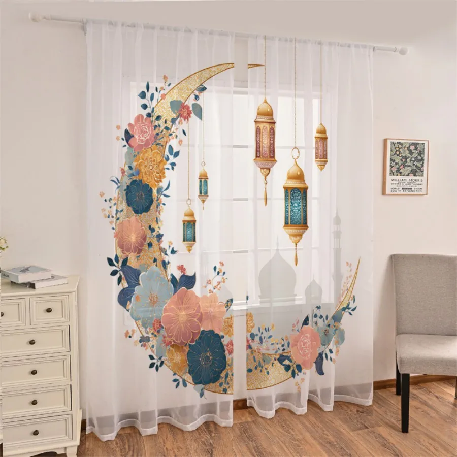 2PCS Digital Print Sheer Curtains, Flower Cluster Golden Moon Lantern, Ramadan Luxurious for Bedroom Living Room Home Decor