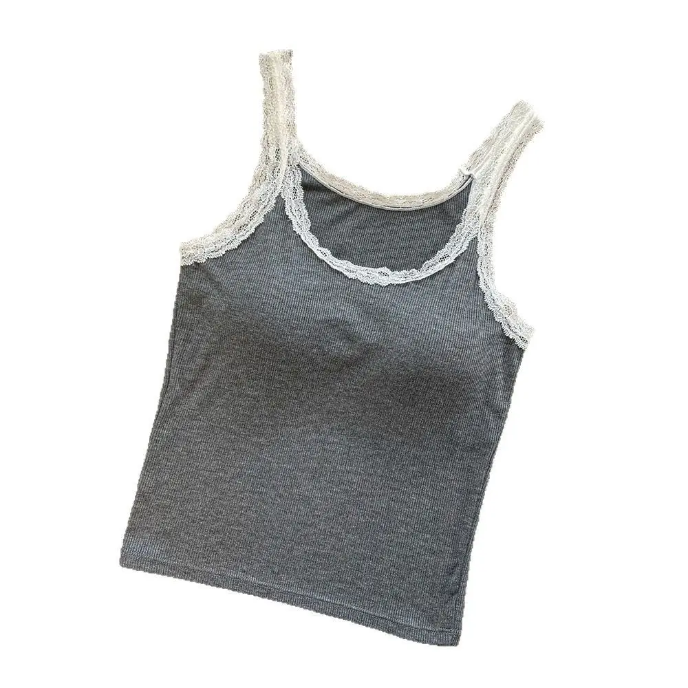 New Cotton Lace Camisole Solid Color Lace Trim Push Up Bra Breathable Underwear with Chest Pad