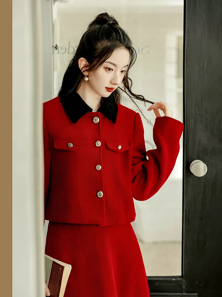 Conjunto rojo ajustado de dos piezas para mujer, abrigos cortos elegantes, Tops cortos con falda larga de cintura alta, Otoño e Invierno