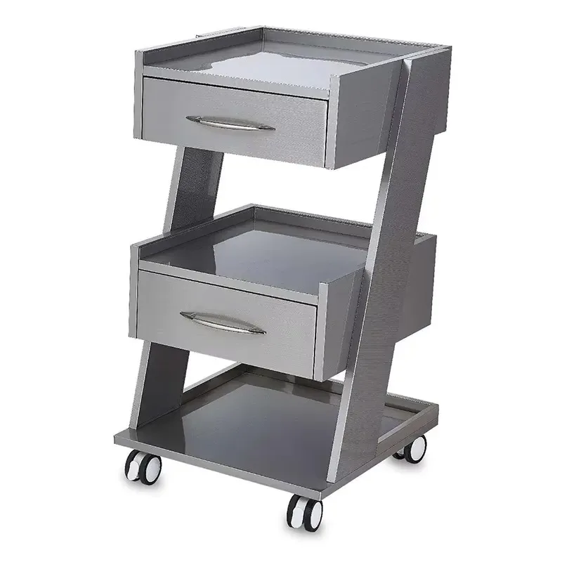 Dental Stainless Steel Mobile Cabinet Cart with Two Drawers for Clinic Storage and Organization