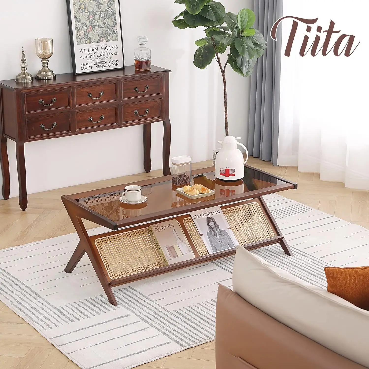 Tiita Rattan Coffee Table, Bamboo Accent Bedside Tables, Glass Nightstand Side Table, Boho Wooden End Table With Storage For