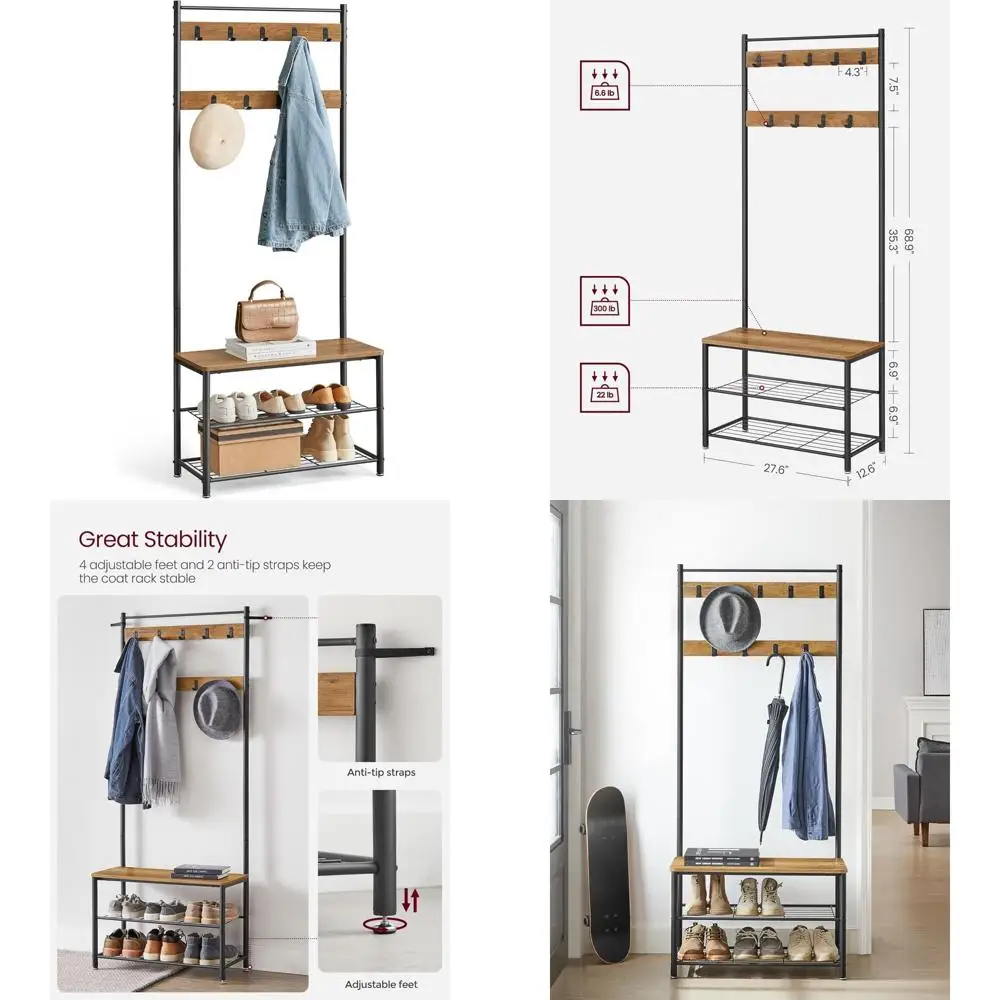 vasagle entryway hall tree with shoe storage bench and coat rack, 3-in-1 steel frame design for entryway, 12.6 inches
