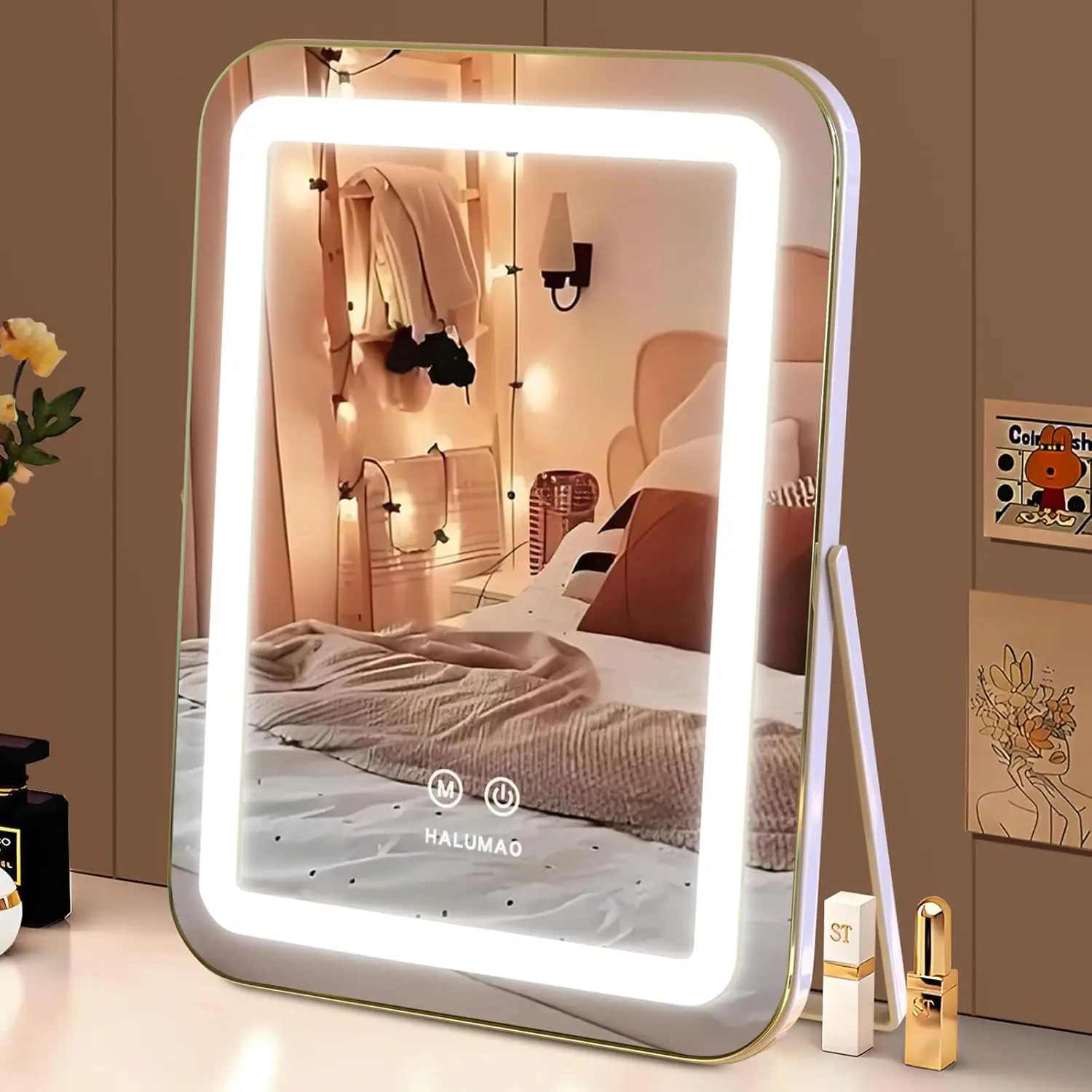 

14,5-дюймовое LED-зеркало для макияжа с сенсорным управлением, 3 цвета регулируемого освещения, поворот на 360° ° Поворотный механизм для туалетного столика в спальне