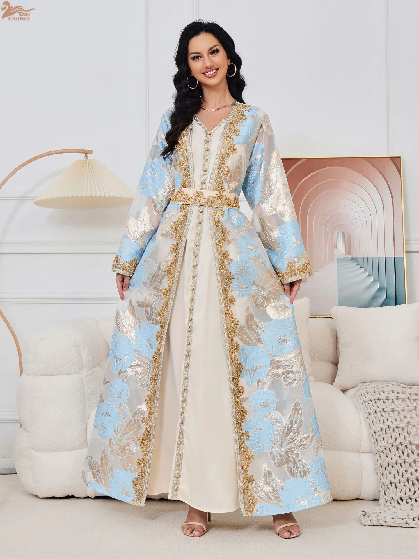 Moroccan Caftan 2 Pieces Set Muslim Dubai Abaya Kaftan For Wedding Women's 2024 New Flower Pattern Museum Long Dress Clothing