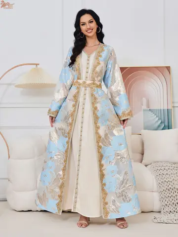 Marockansk kaftan 2-delat set muslimsk dubai abaya kaftan för bröllop kvinnor 2024 nya blommönster museum långklänning kläder 10 best sales Marockansk brudklänning - №3