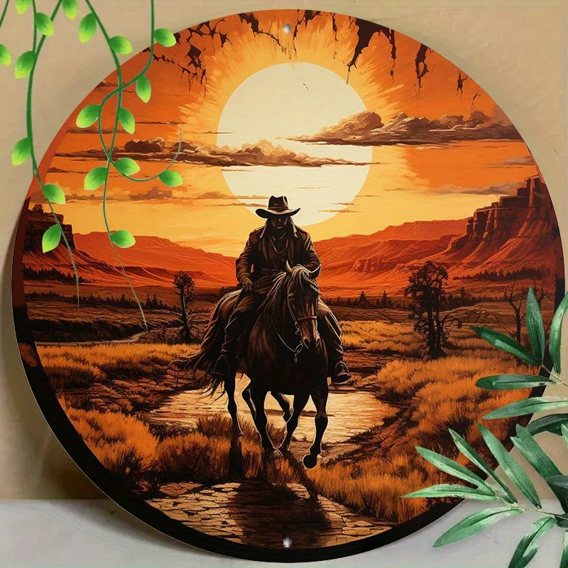 Round Metal Aluminum Sign - Cowboy Riding Horse in Sunset Silhouette - Reusable Wall Decor Art for Home, Office, Coffee Shop