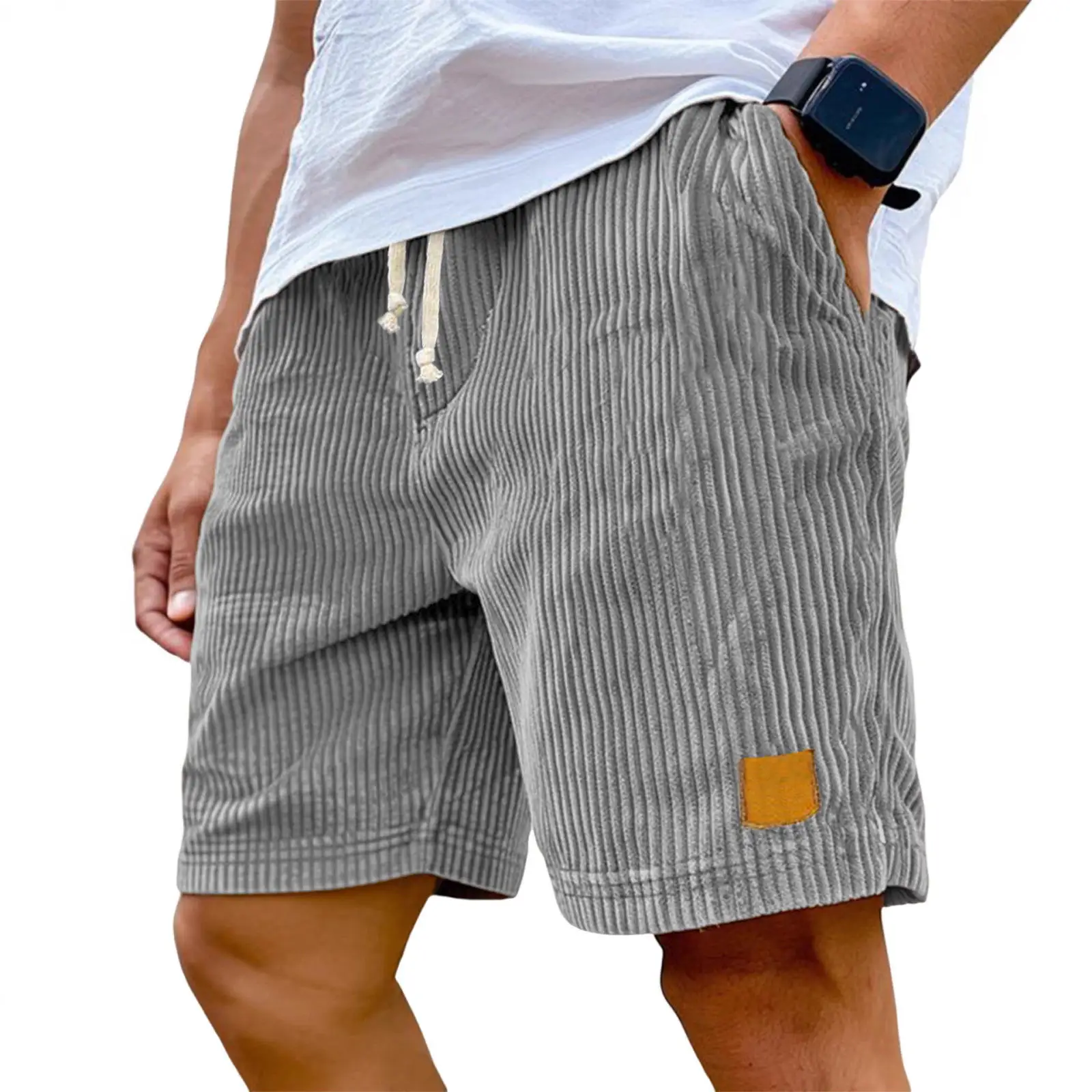

Casual Shorts with Pocket Leather Tag Wide Stripe Coarse Bar Five Parts Pants Simple Style Polyester Fiber Summer Shorts